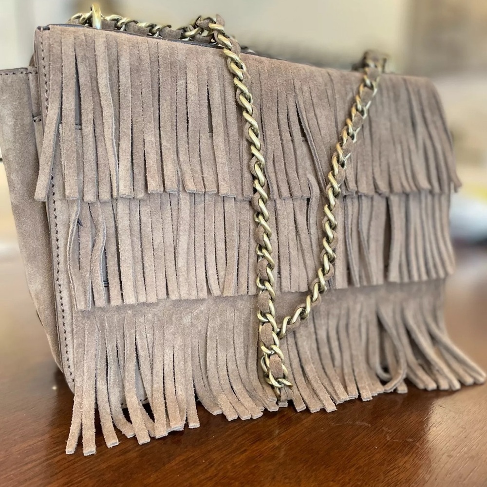 Tory Burch Tan Crossbody Bag with Fringe and Chain Strap